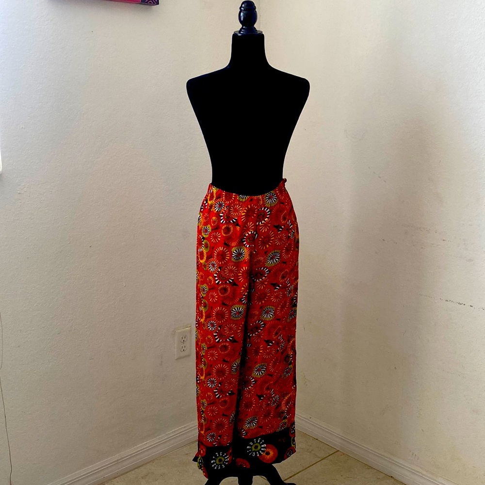 Chico’s Vintage printed bright colored wide leg trousers.